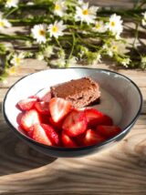 Sahnequarkspeise mit frischen Erdbeeren und selbst gebackenem Schokoladenkuchen