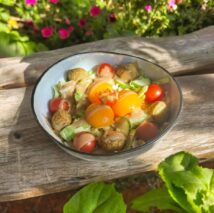 Falafelbaellchen auf Blattsalat mit Aprikosen und Gomasio
